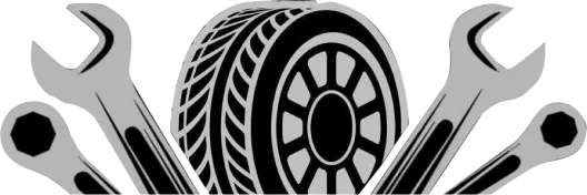 A black and white illustration of a tire with a wheel in the center, flanked by two wrenches and two screwdrivers crossed behind it.