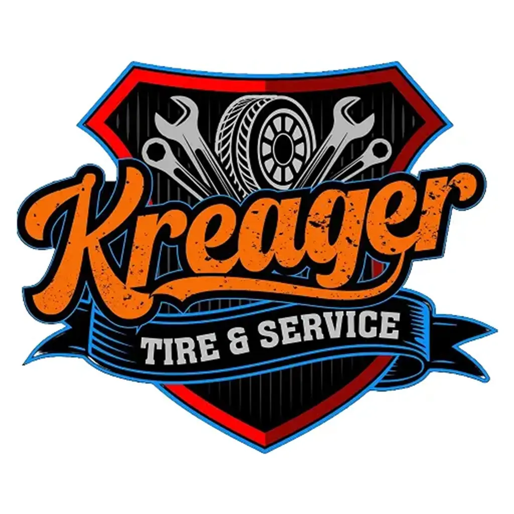 A logo with the text Kreager Tire & Service over a red and black shield, featuring a tire and two crossed wrenches in the background.